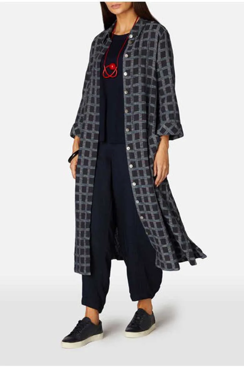 Cotton Ikat Check Shirt Dress Navy