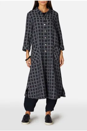 Cotton Ikat Check Shirt Dress Navy