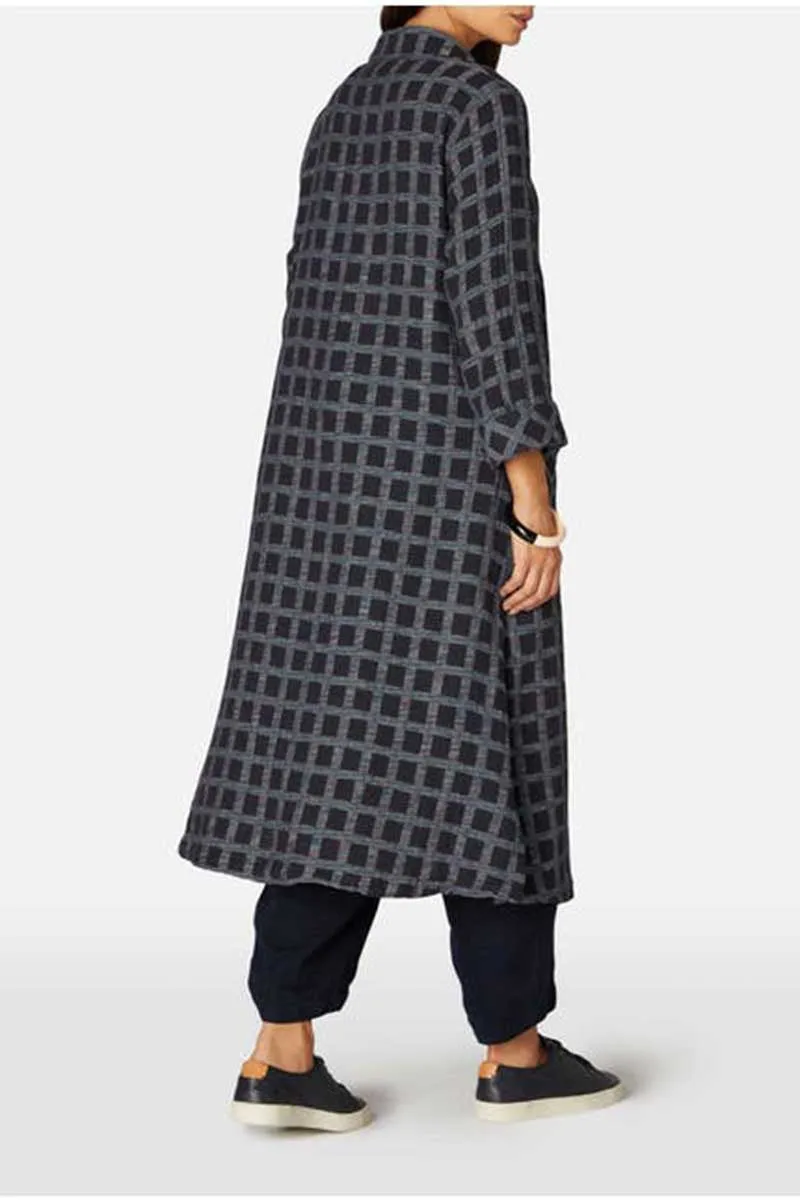 Cotton Ikat Check Shirt Dress Navy