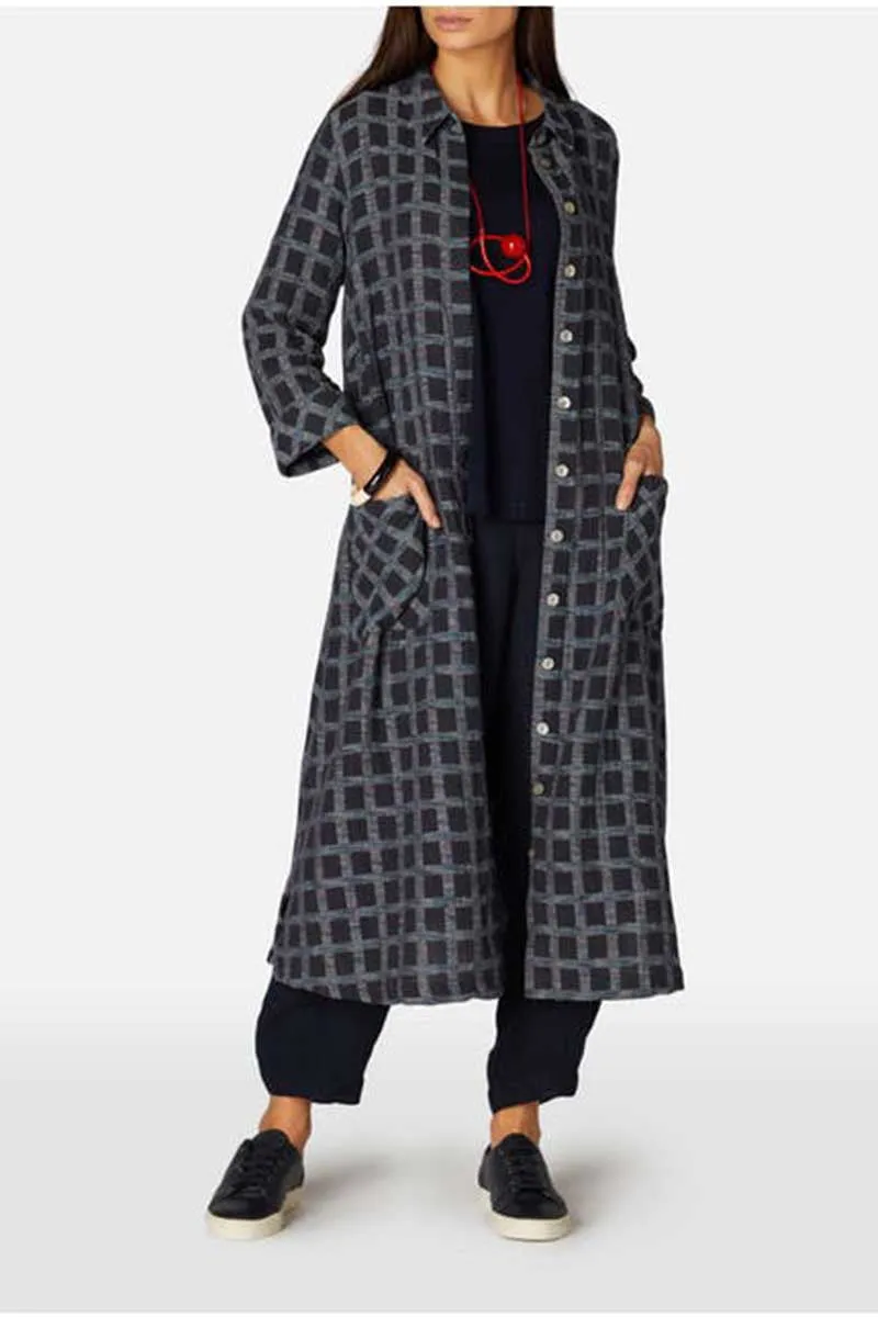 Cotton Ikat Check Shirt Dress Navy