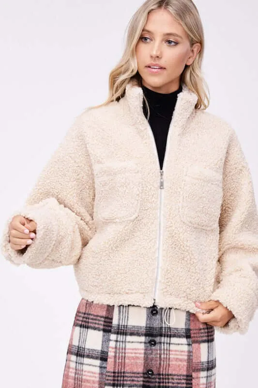 Cream Sherpa Jacket with Front Pockets