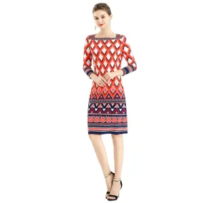 D090 Women geometric print boat neck three quarter sleeves mini day dress