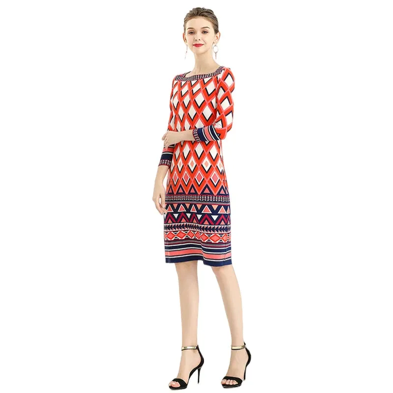 D090 Women geometric print boat neck three quarter sleeves mini day dress