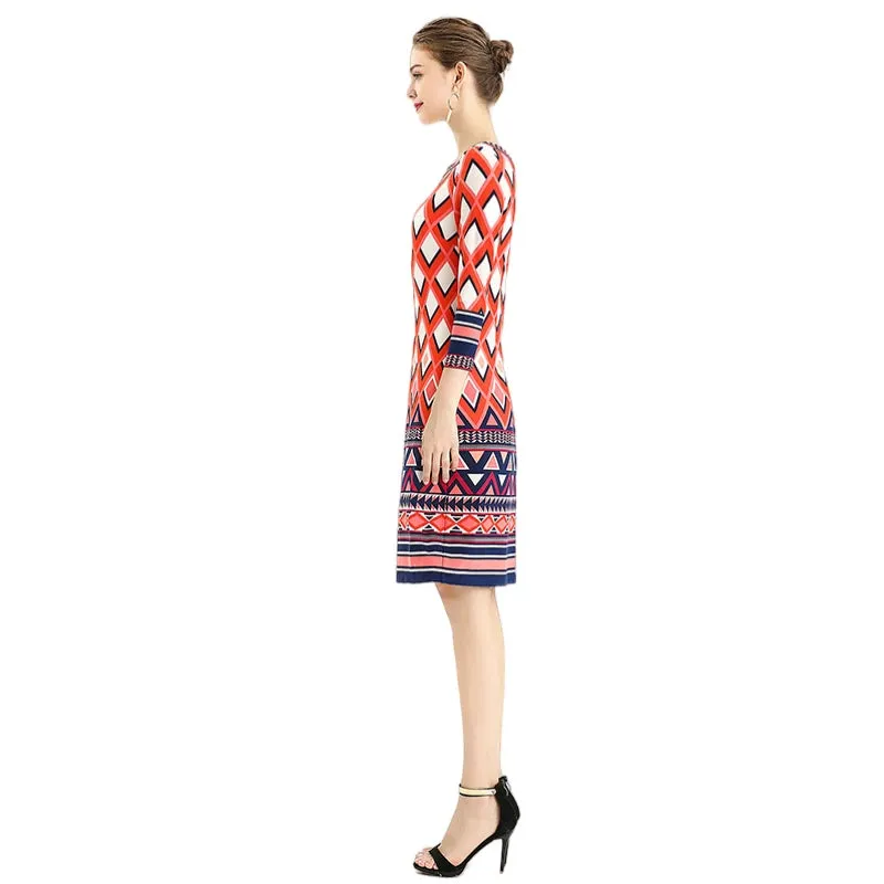 D090 Women geometric print boat neck three quarter sleeves mini day dress