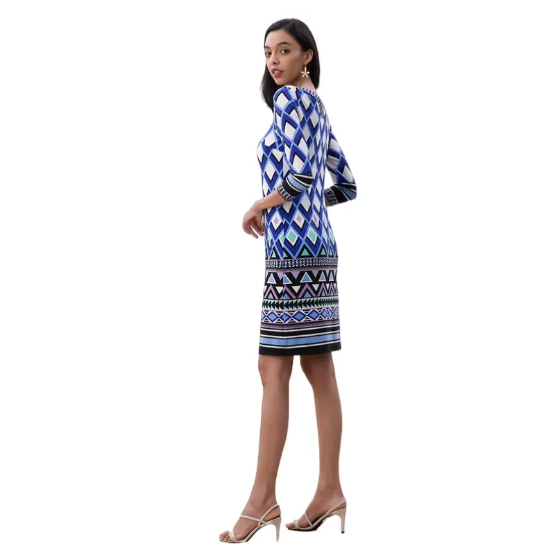 D090 Women geometric print boat neck three quarter sleeves mini day dress