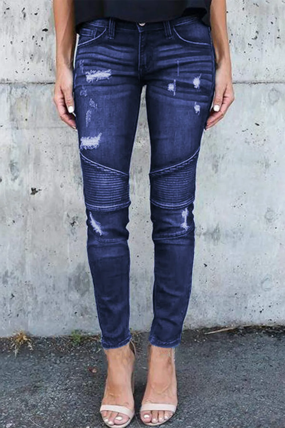 Dark Blue Distressed Patchwork Skinny Jeans