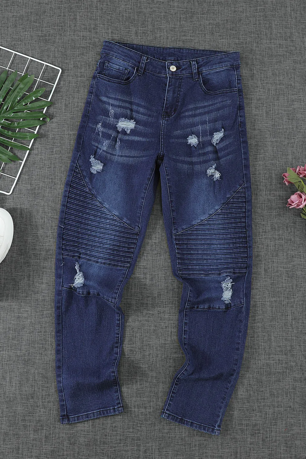 Dark Blue Distressed Patchwork Skinny Jeans