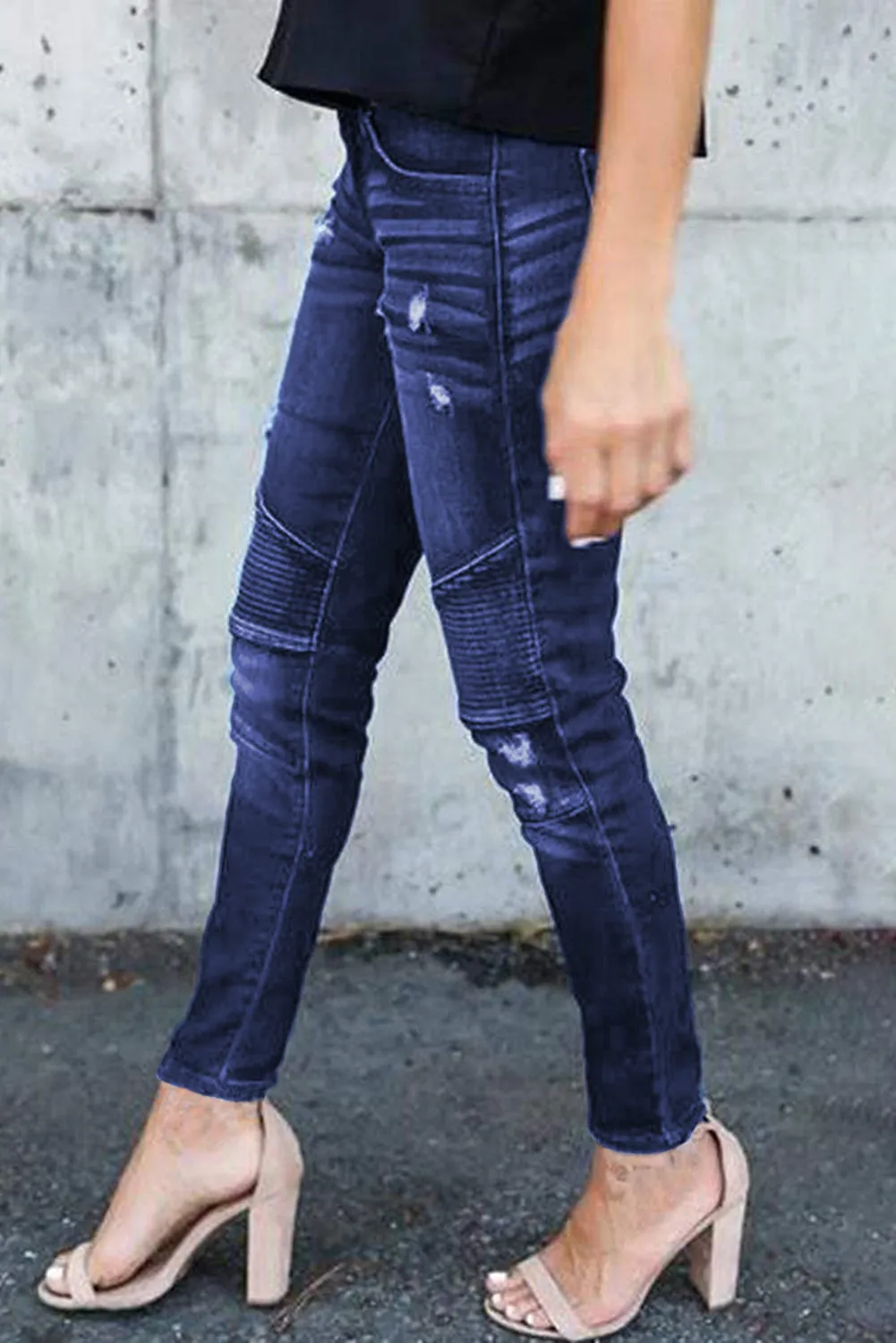 Dark Blue Distressed Patchwork Skinny Jeans