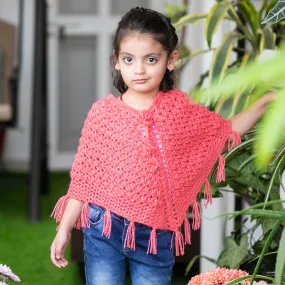 Dark Peach Hand-Knitted Soft Woollen Poncho For Girl's