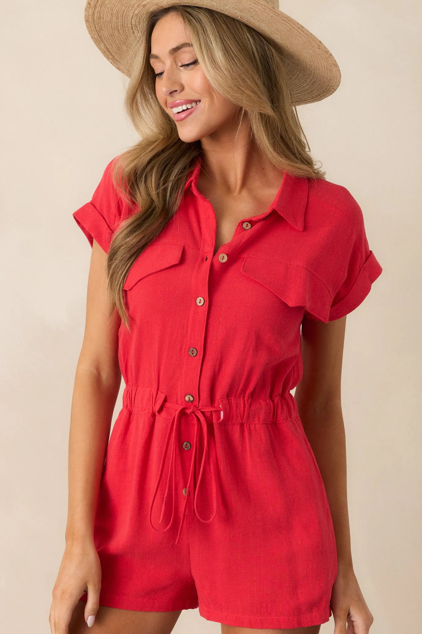 Dazzling Daybreak Red Button Front Romper