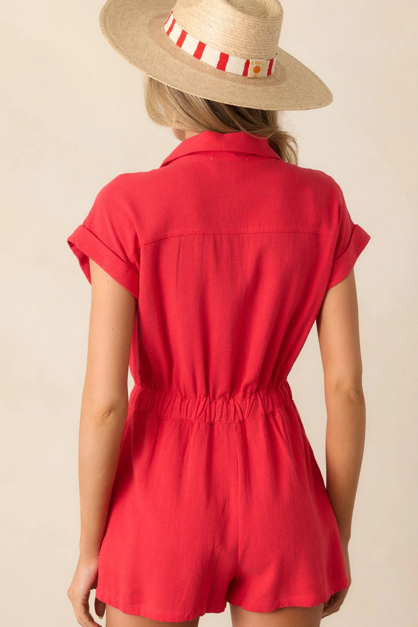 Dazzling Daybreak Red Button Front Romper