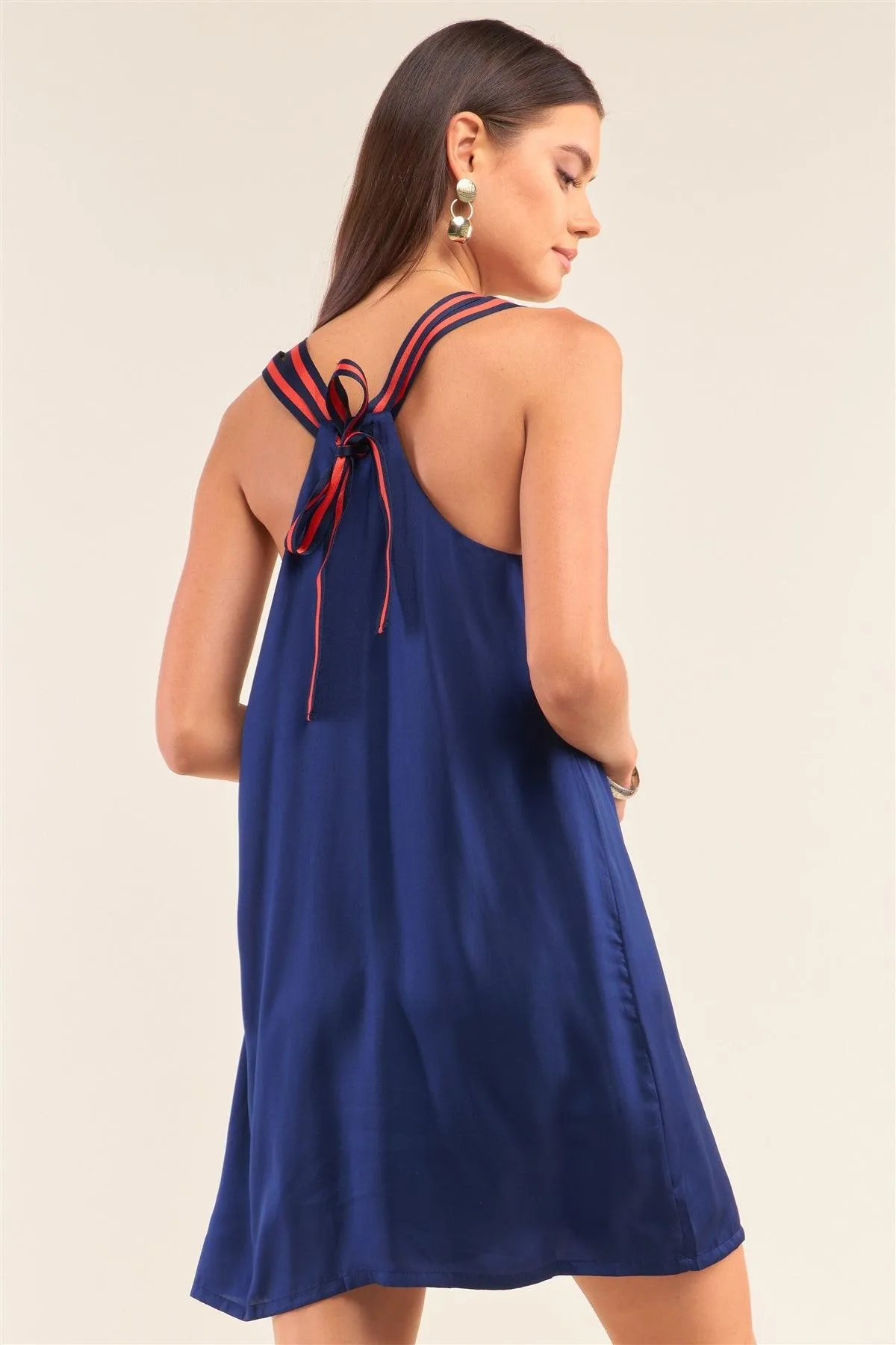 Deep Blue Satin Sleeveless V-Neck Razor Back Relaxed Fit Mini Dress /1-2-2-1