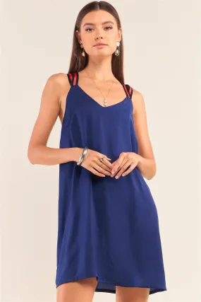 Deep Blue Satin Sleeveless V-Neck Razor Back Relaxed Fit Mini Dress /1-2-2-1