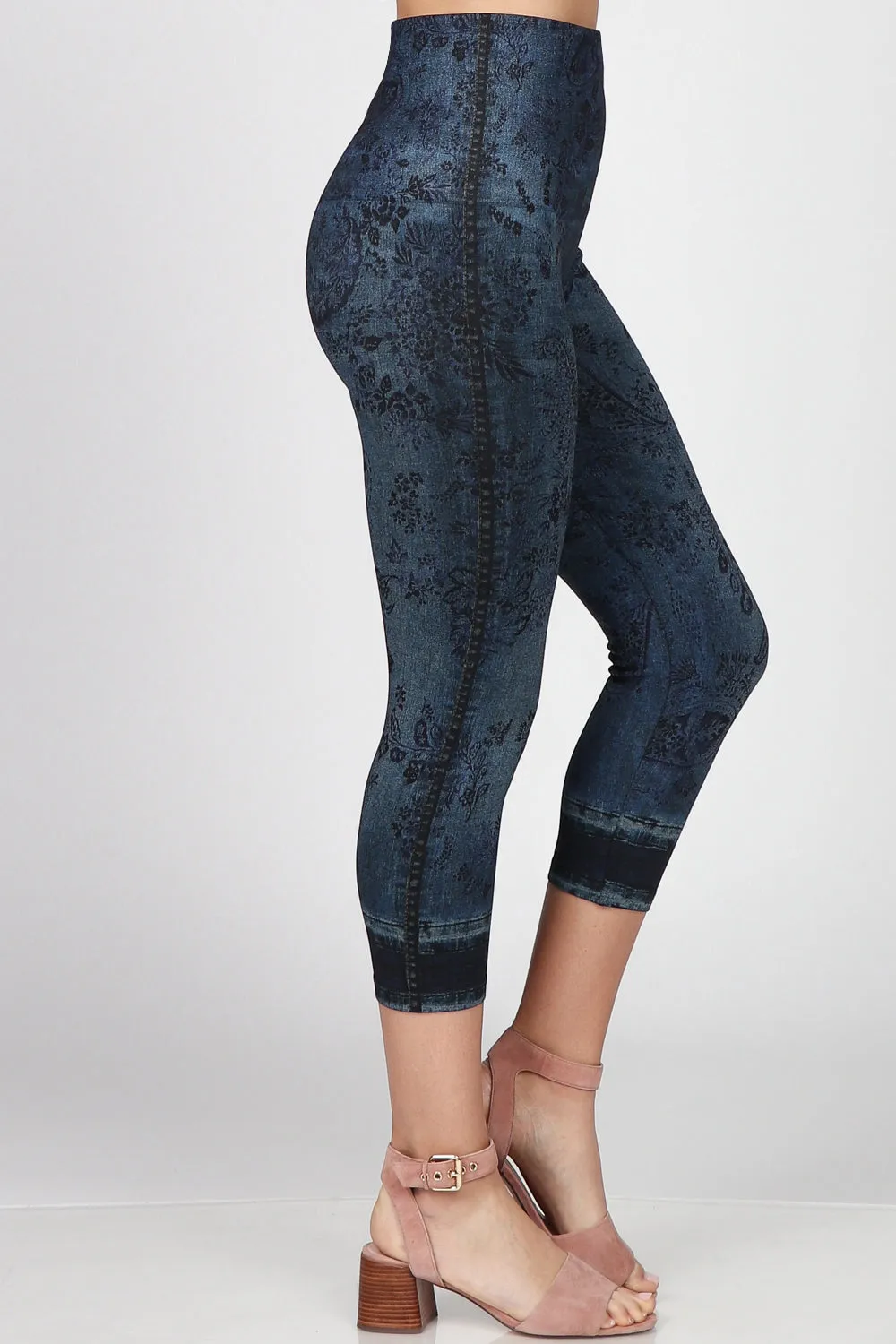 Denim Floral Cropped Leggings