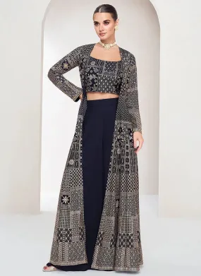 Designer Navy Blue Embroidered Jacket Style Palazzo Suit