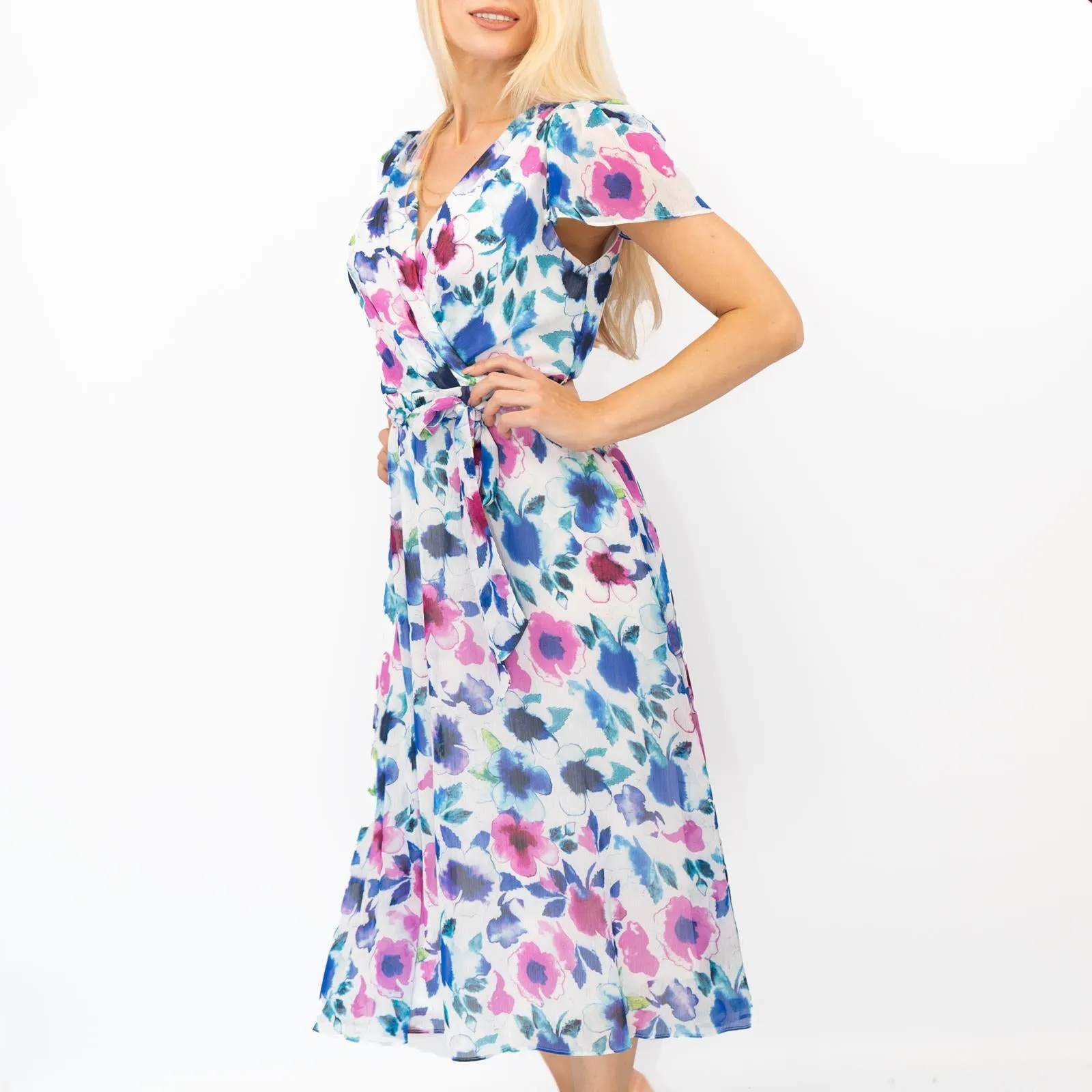 DKNY Midi Dress Floral Flutter Sleeve