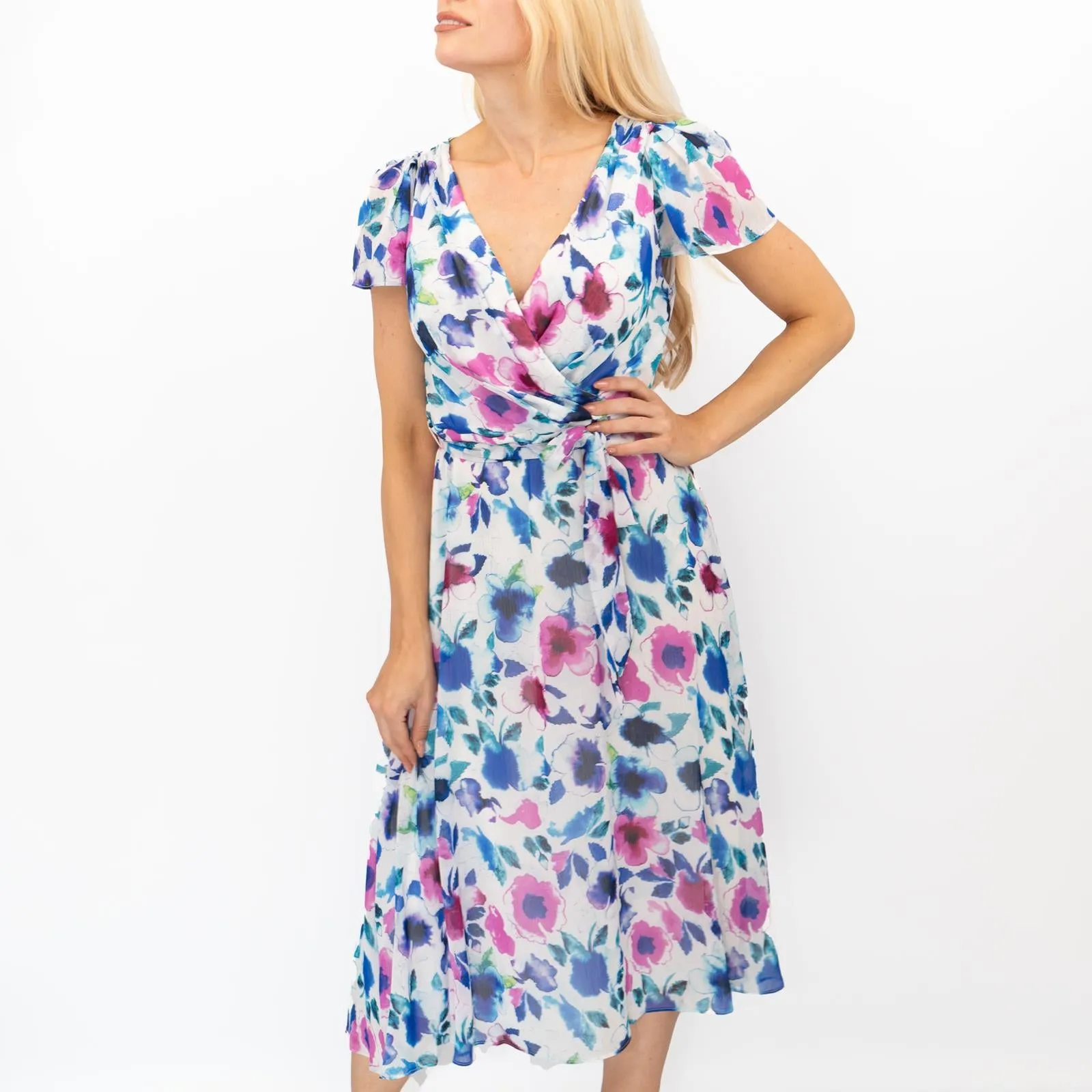 DKNY Midi Dress Floral Flutter Sleeve