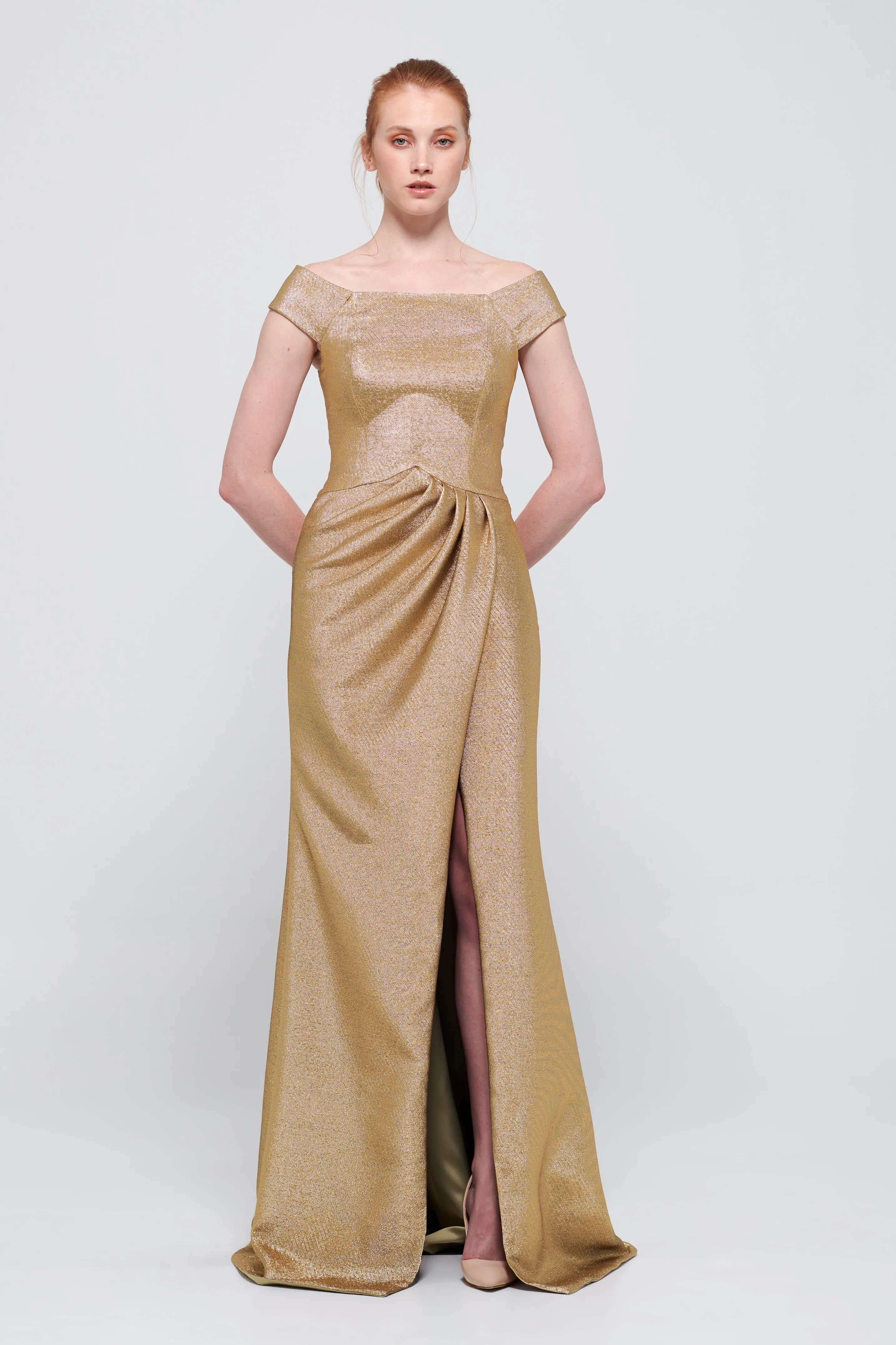 Draped Jacquard Long Dress