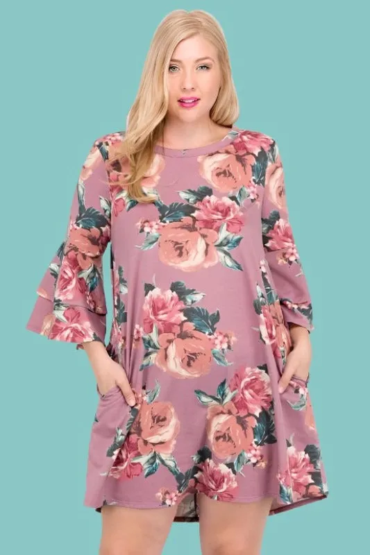 Easy French Terry Floral Print Dress - Dusty Rose