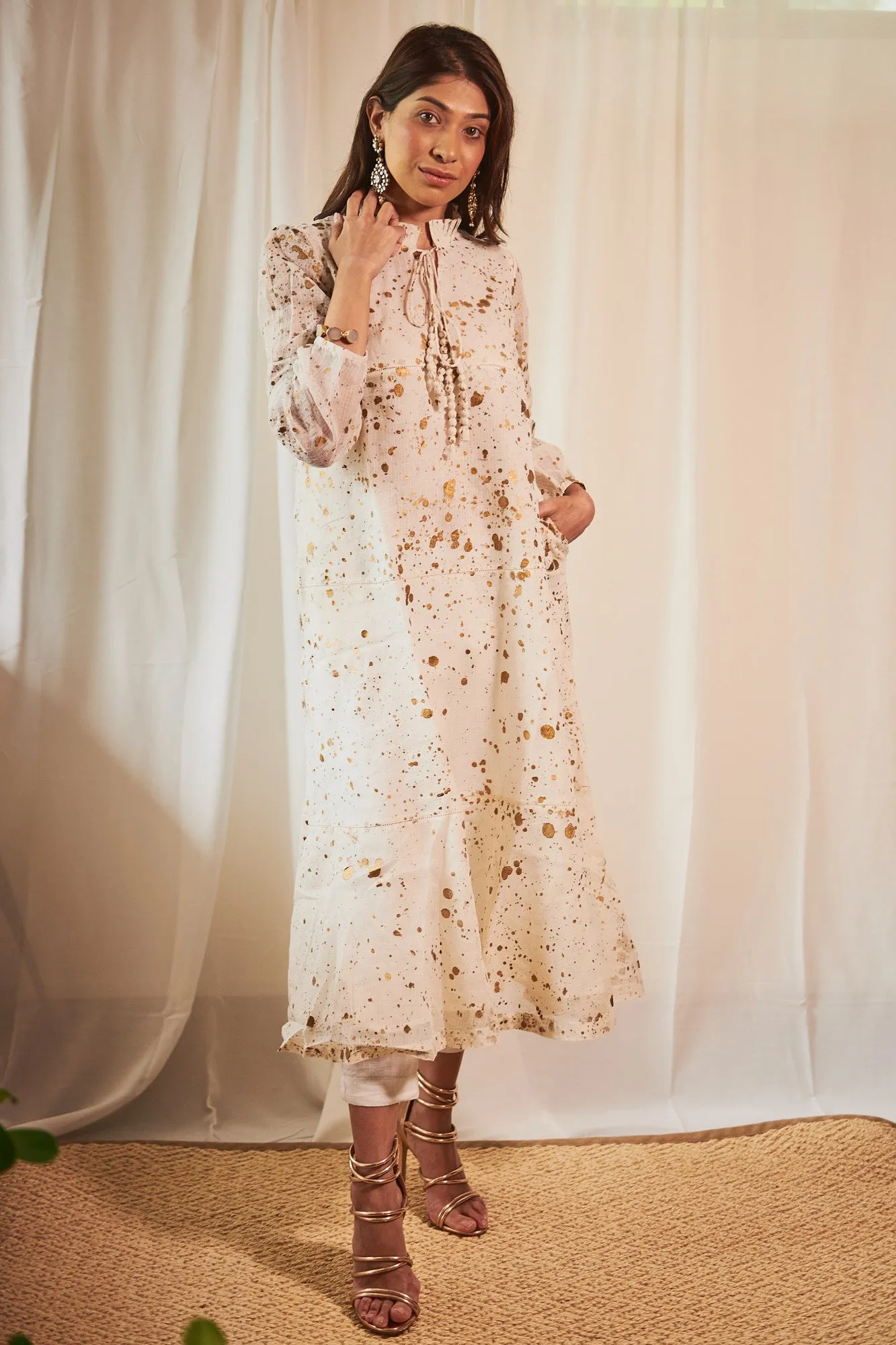 Emily Hope Dress -White Kota Doria with Gold Splatter