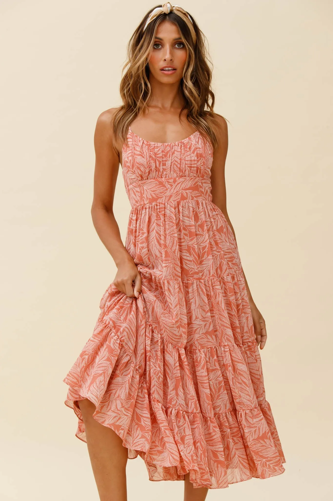 Eternal Sunshine Gathered Bust Maxi Dress Leaf Print Pink