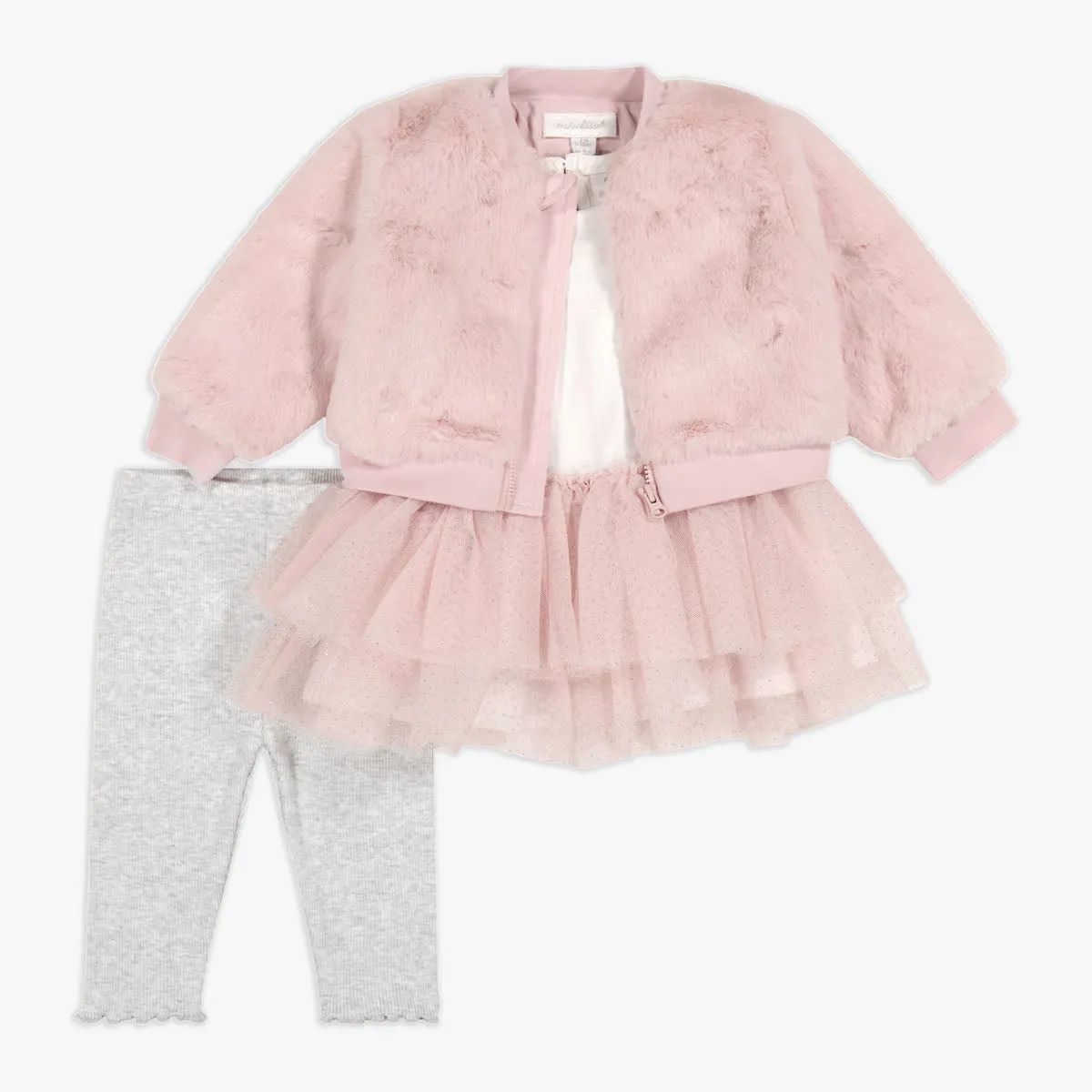 Faux Fur Jacket, Tutu Top & Legging Set