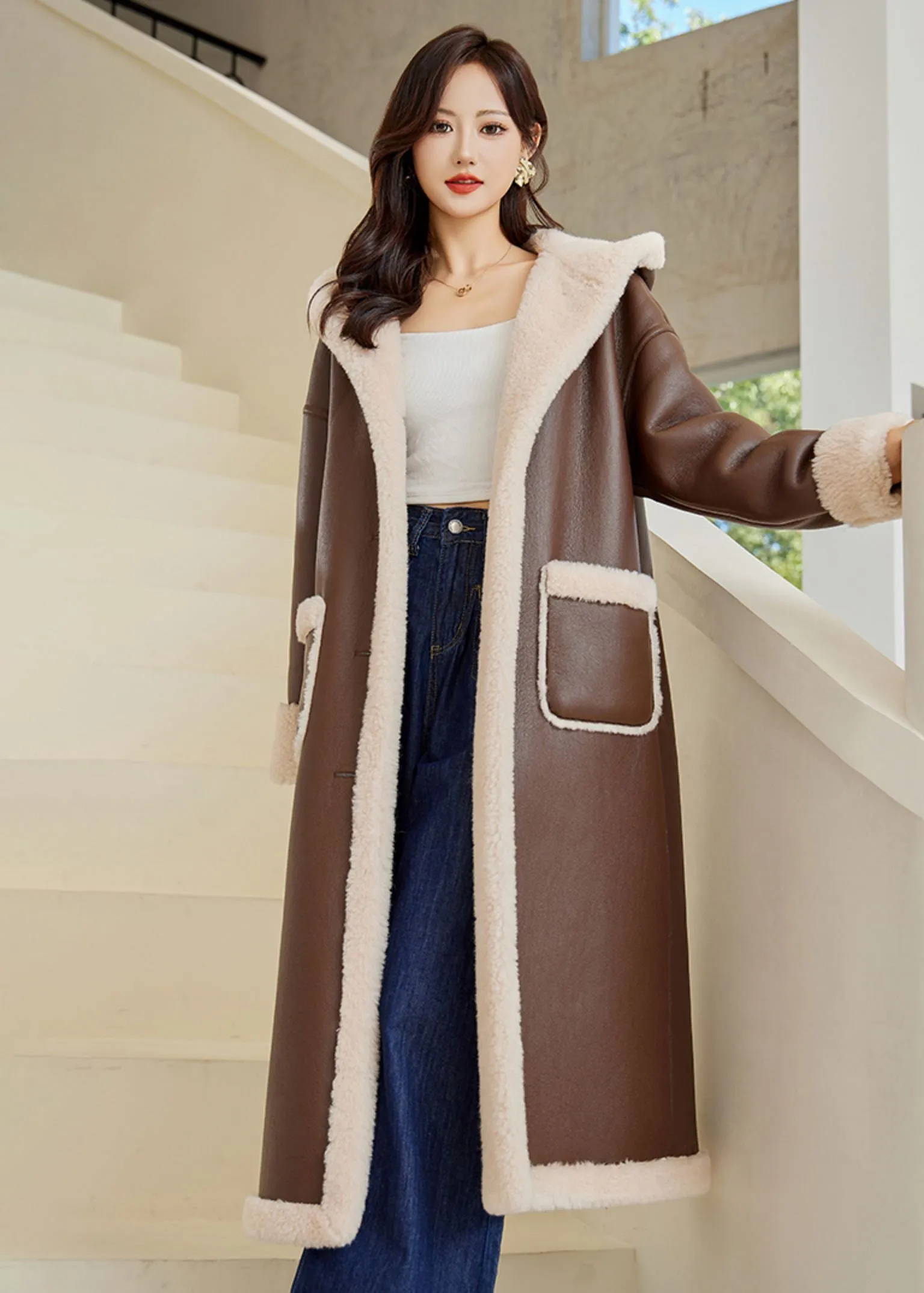 Faux Leather Wool Fur Lined Hooded Long Coat