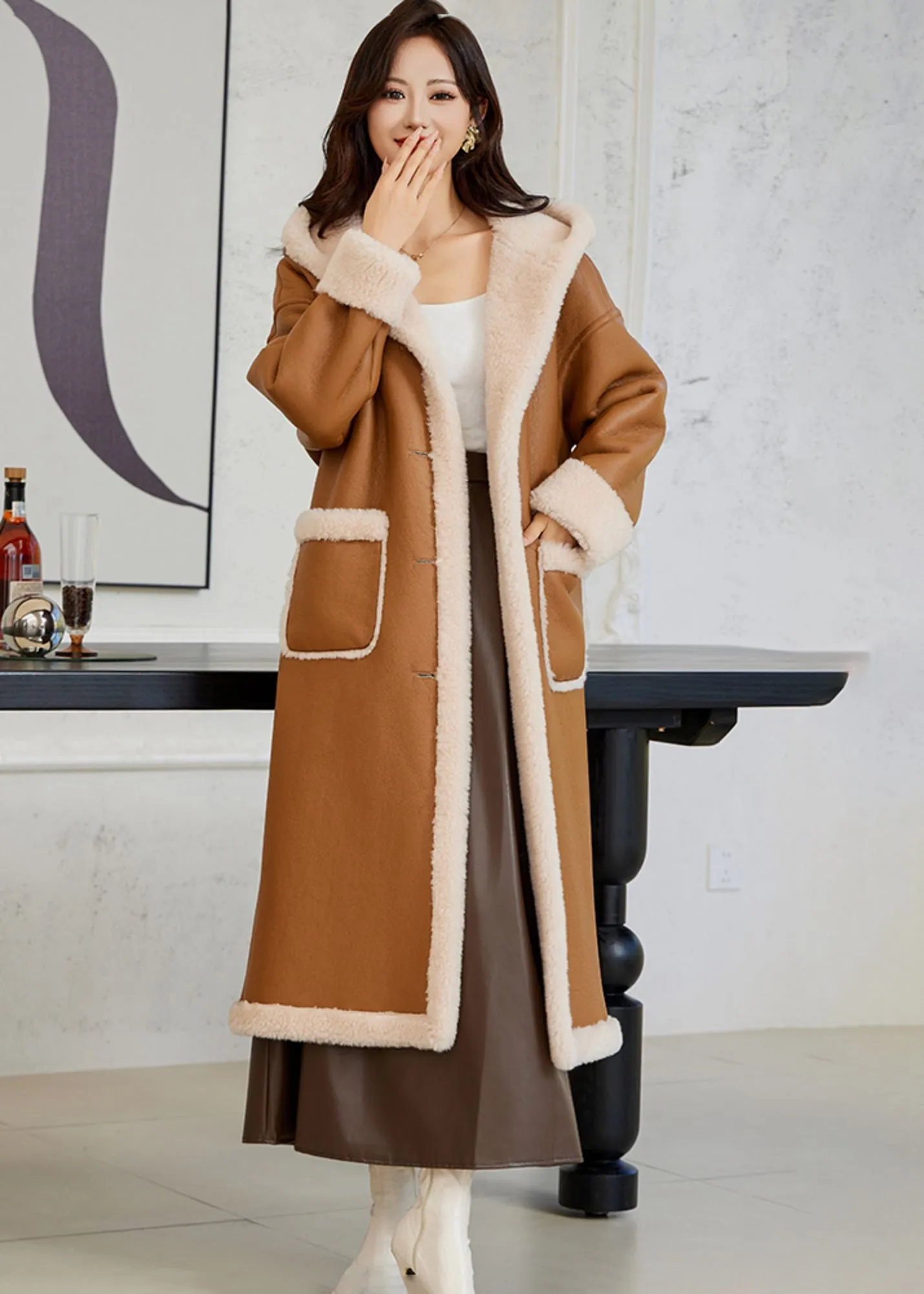 Faux Leather Wool Fur Lined Hooded Long Coat