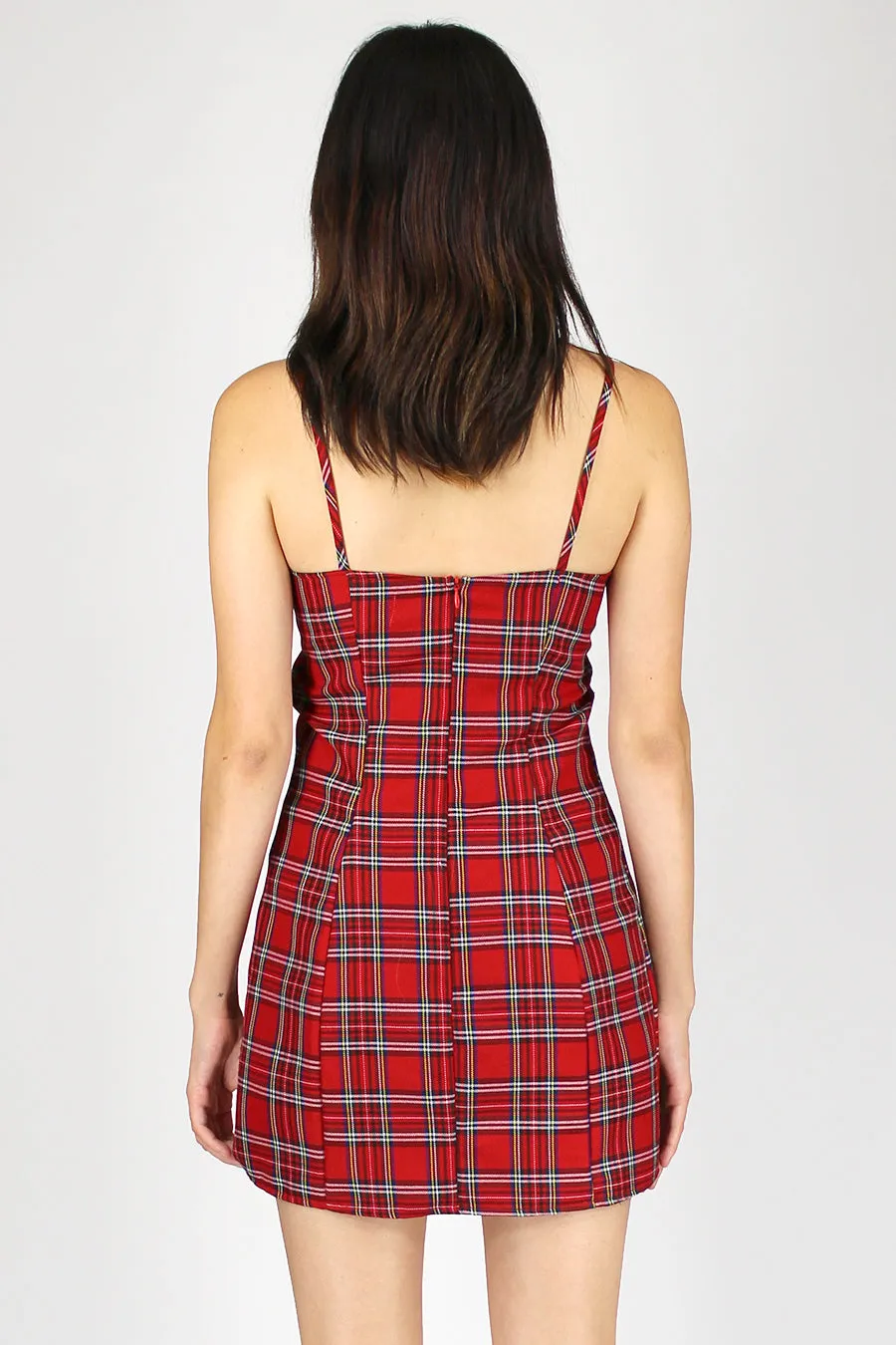 Fitted Square Strap Dress - Red Plaid