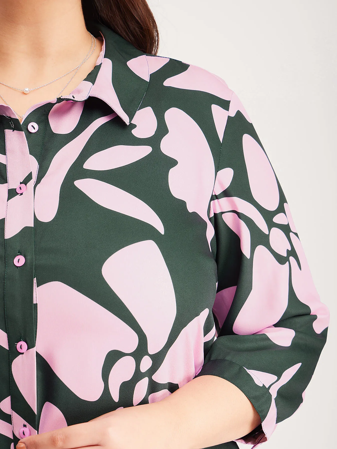 Floral Print Shirt Dress - Pink And Green