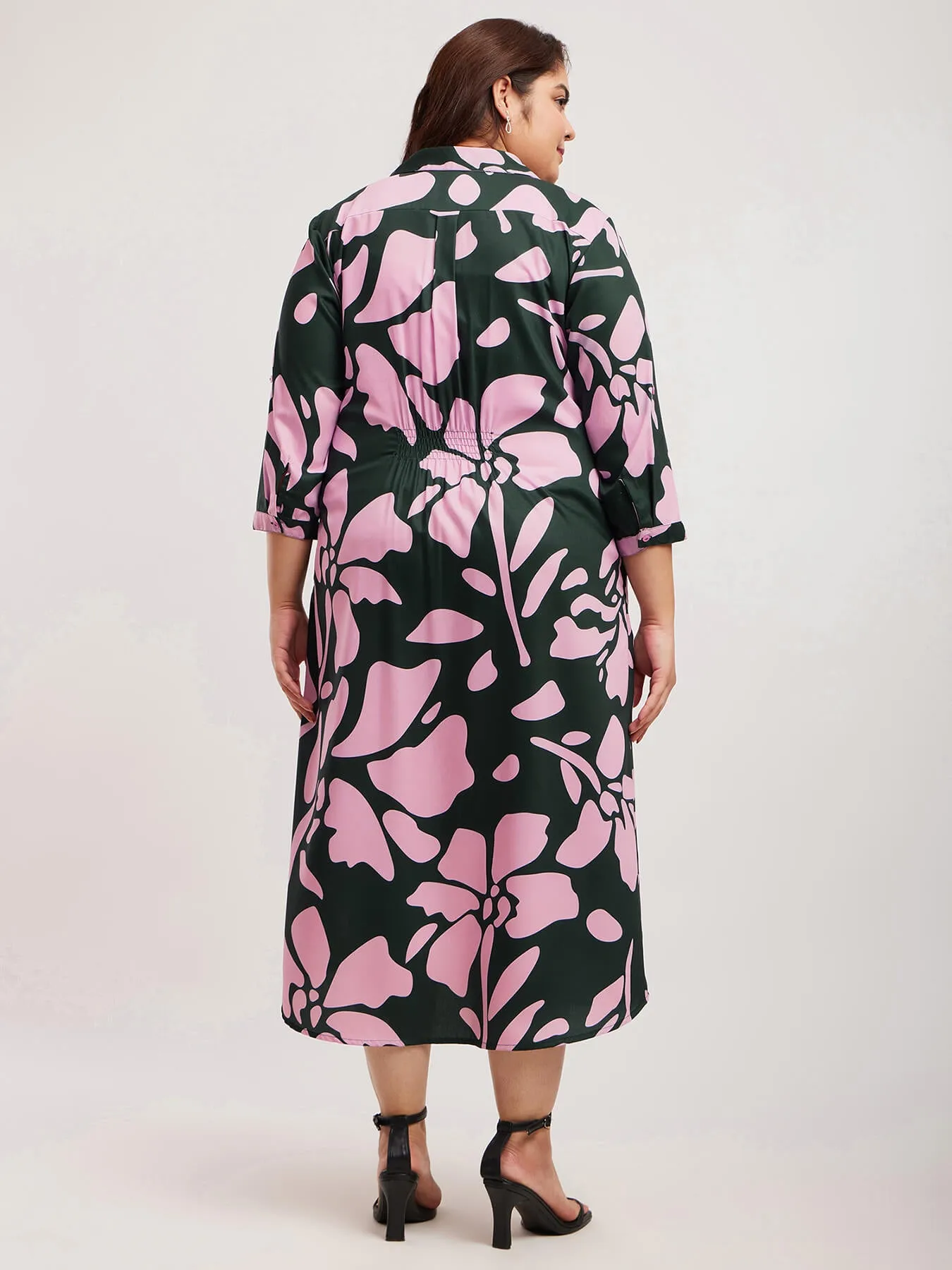 Floral Print Shirt Dress - Pink And Green