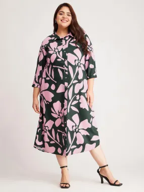 Floral Print Shirt Dress - Pink And Green