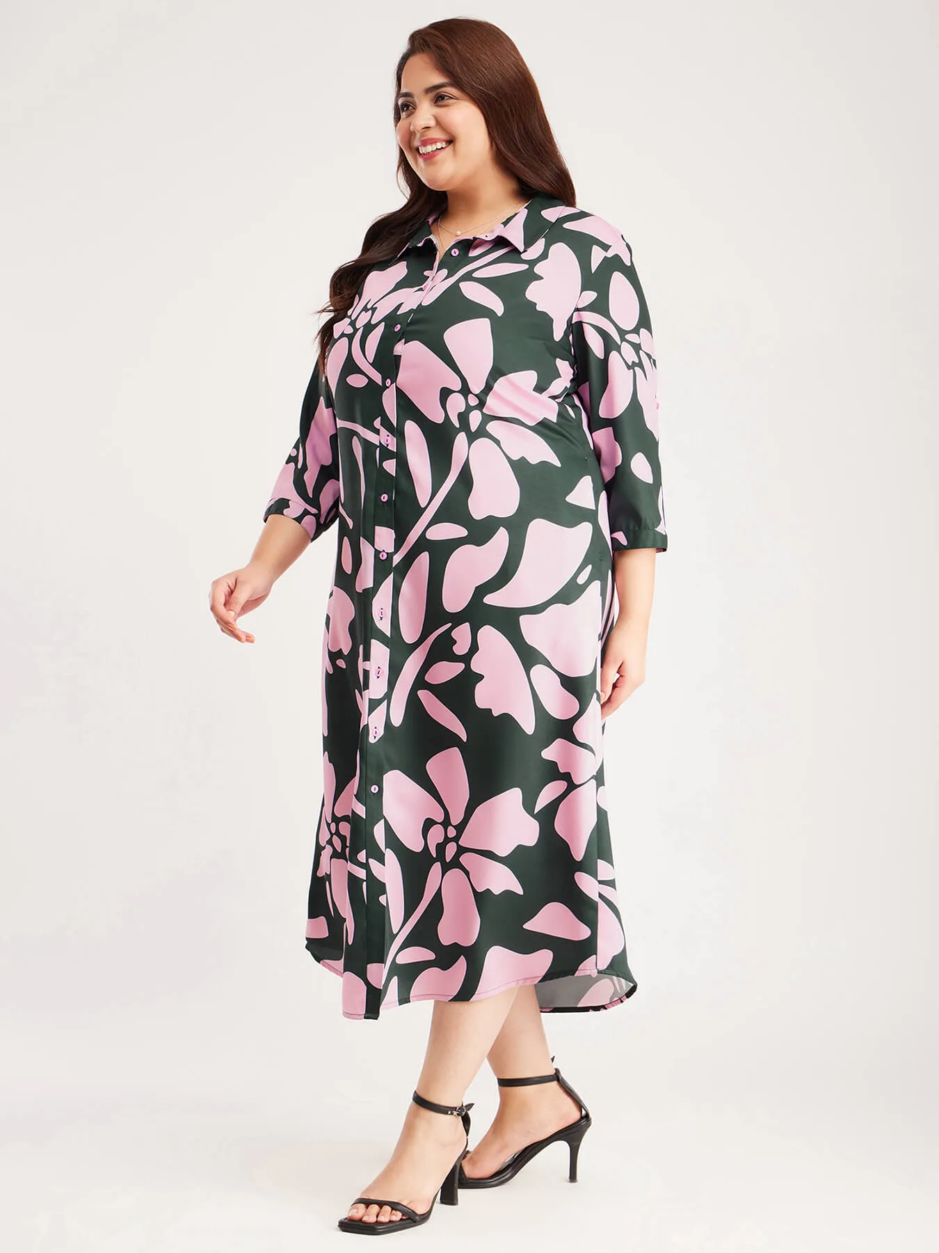 Floral Print Shirt Dress - Pink And Green