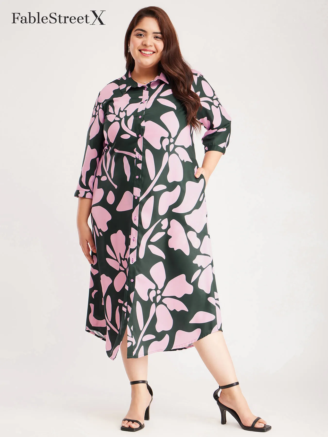 Floral Print Shirt Dress - Pink And Green