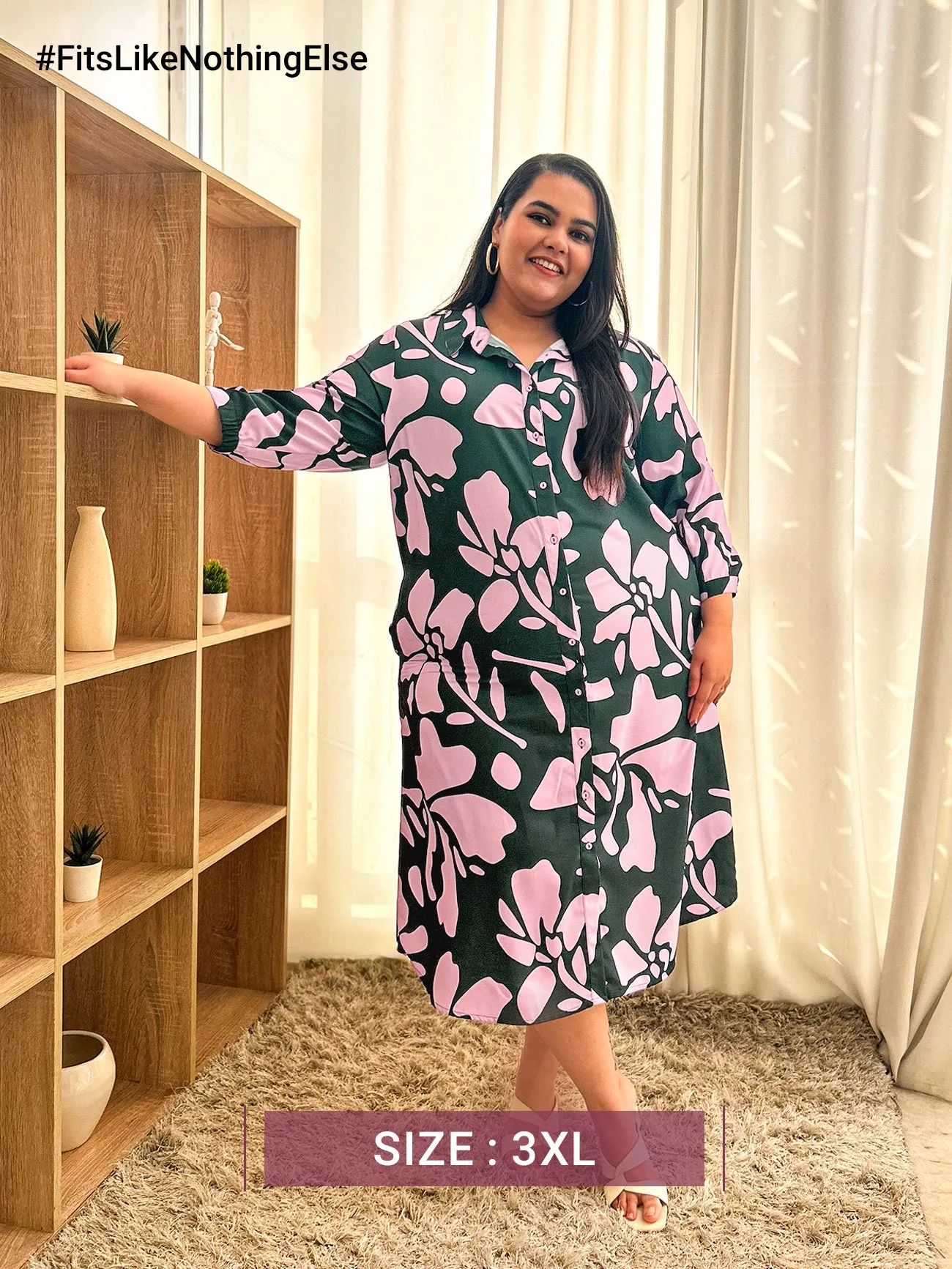 Floral Print Shirt Dress - Pink And Green