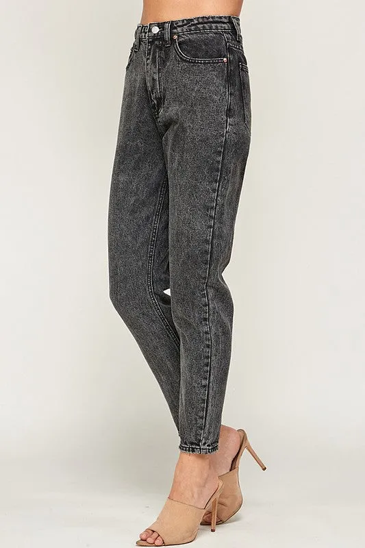 Freya Acid Wash Hi Rise Mom Jeans Denim Pants - Black