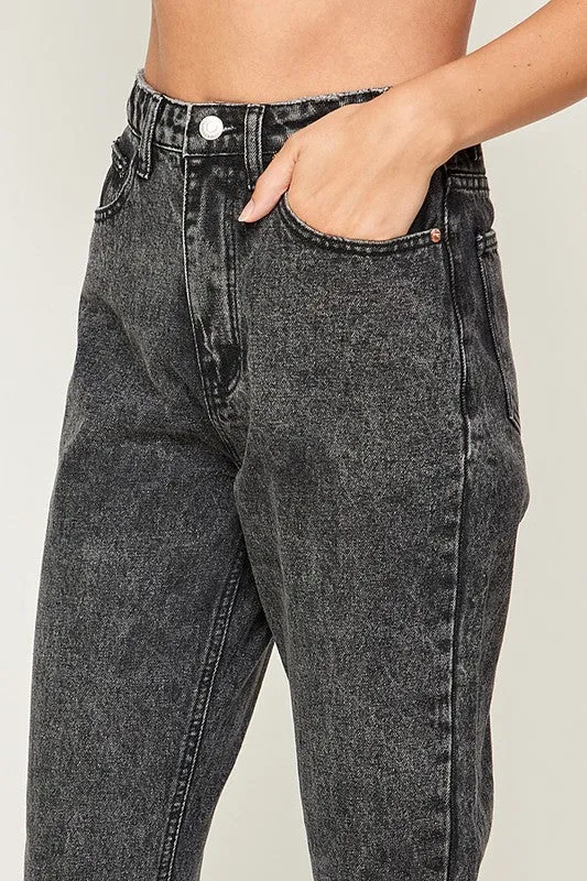 Freya Acid Wash Hi Rise Mom Jeans Denim Pants - Black