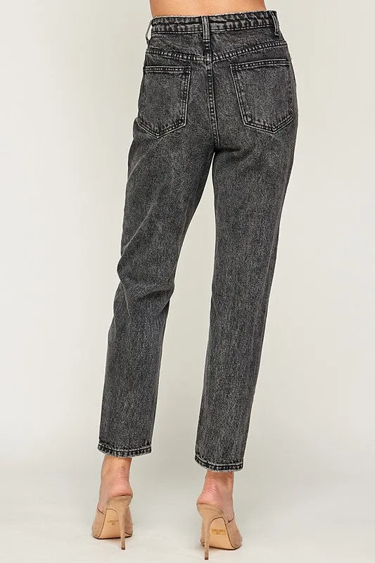 Freya Acid Wash Hi Rise Mom Jeans Denim Pants - Black