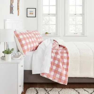 Full/Queen Faux Shearling Microfiber Reversible Comforter Pink/Rust Plaid - Room Essentials