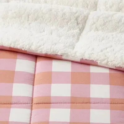 Full/Queen Faux Shearling Microfiber Reversible Comforter Pink/Rust Plaid - Room Essentials