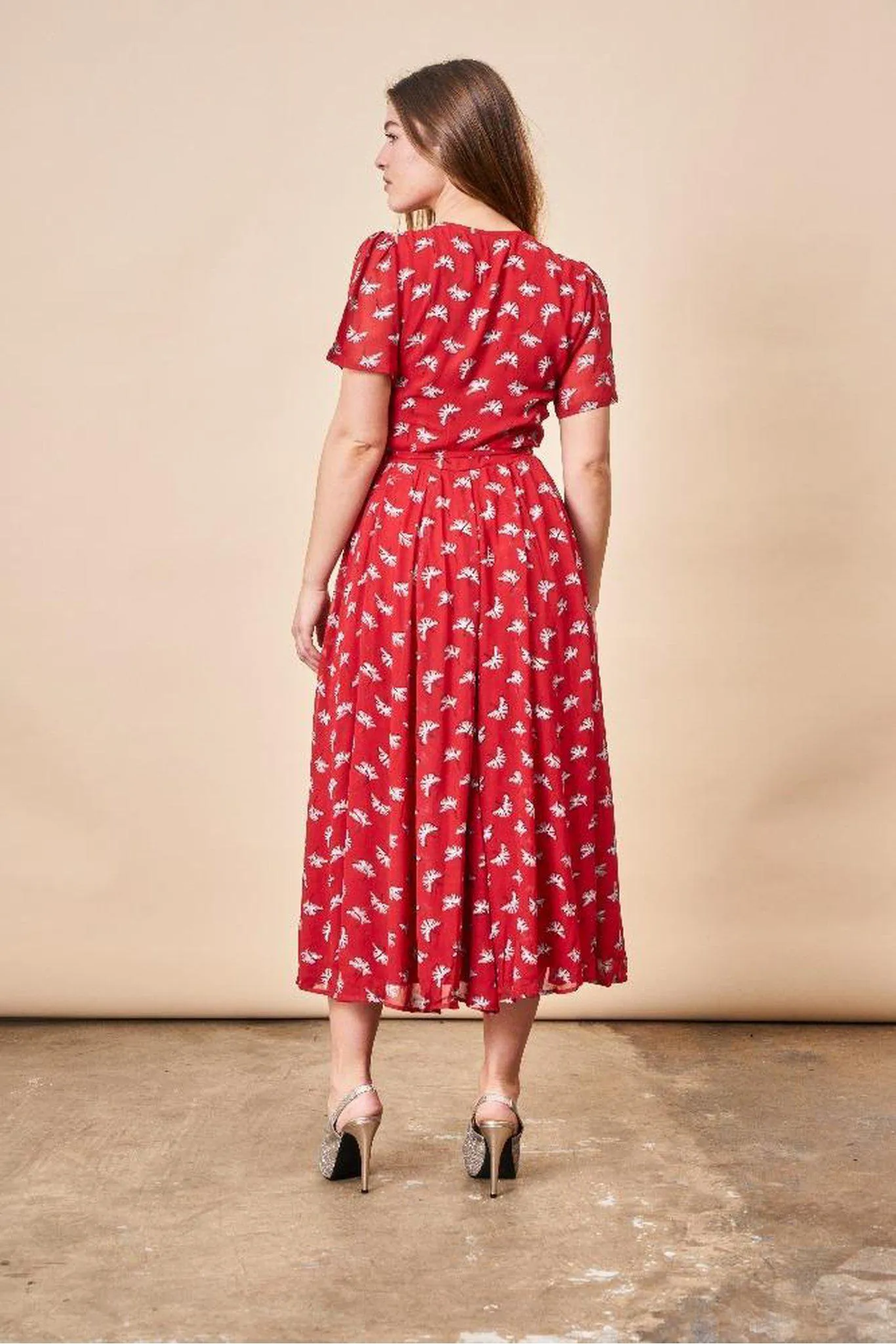 Ginkgo Leaf Midi Wrap Dress Lipstick Red   Silver