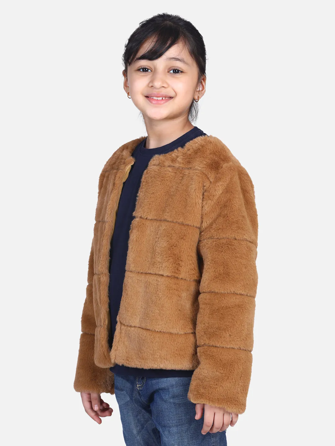 Girl's  Brown Faux Fur Open Jacket  - StyleStone Kid