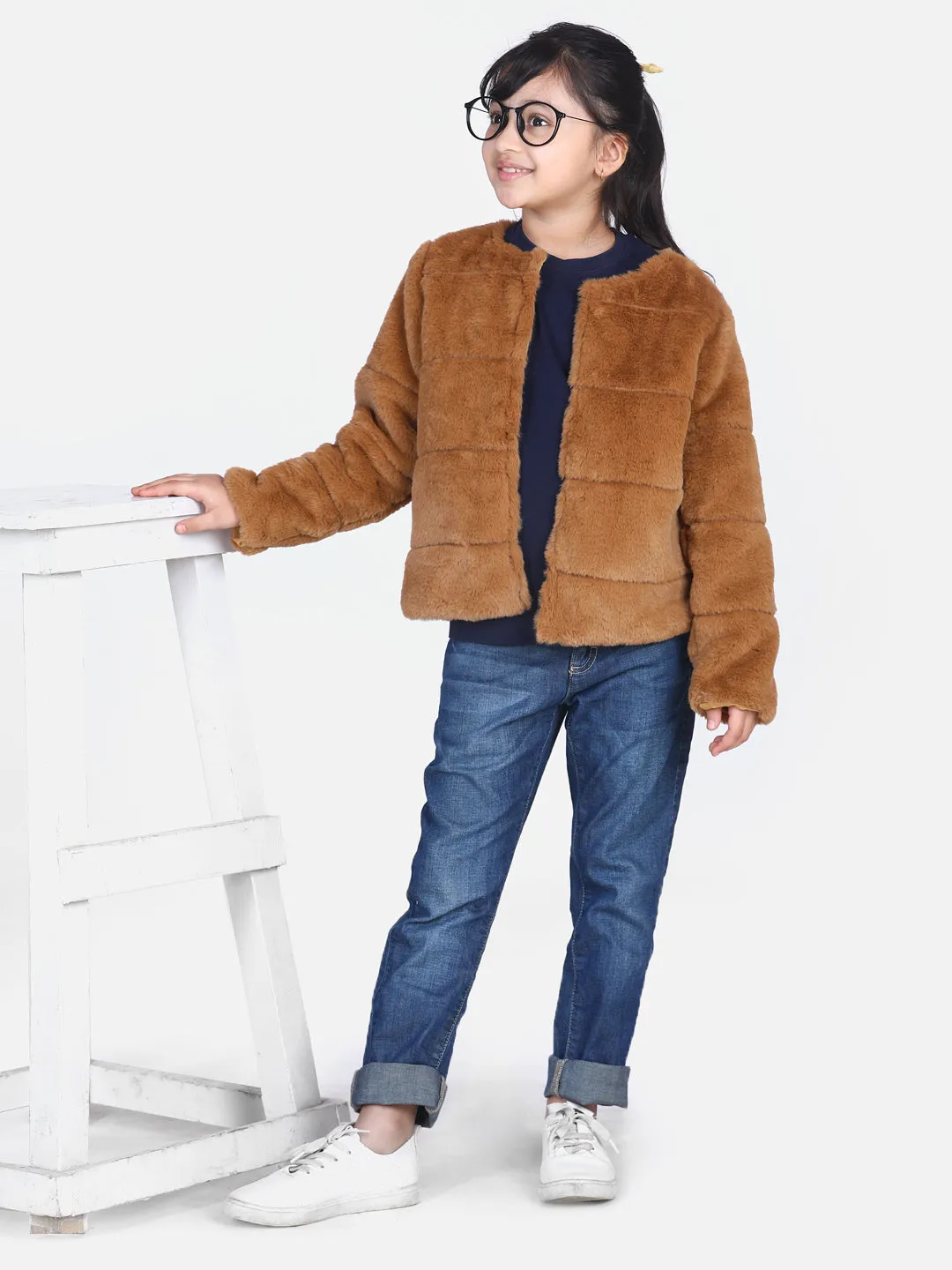 Girl's  Brown Faux Fur Open Jacket  - StyleStone Kid