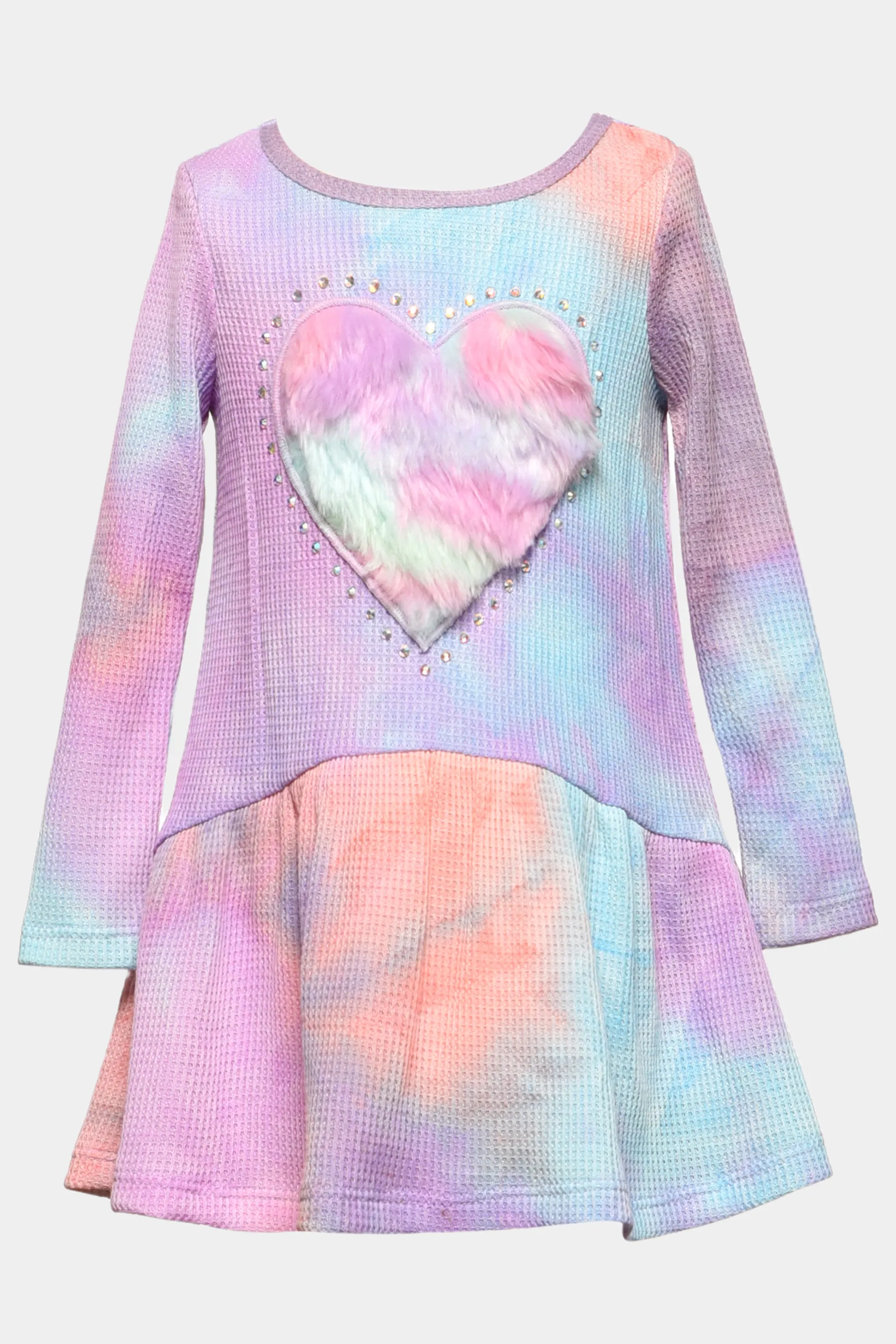 Girls Long Sleeve Tie-Dye Faux Fur Heart And Rhinestone Detail Dress