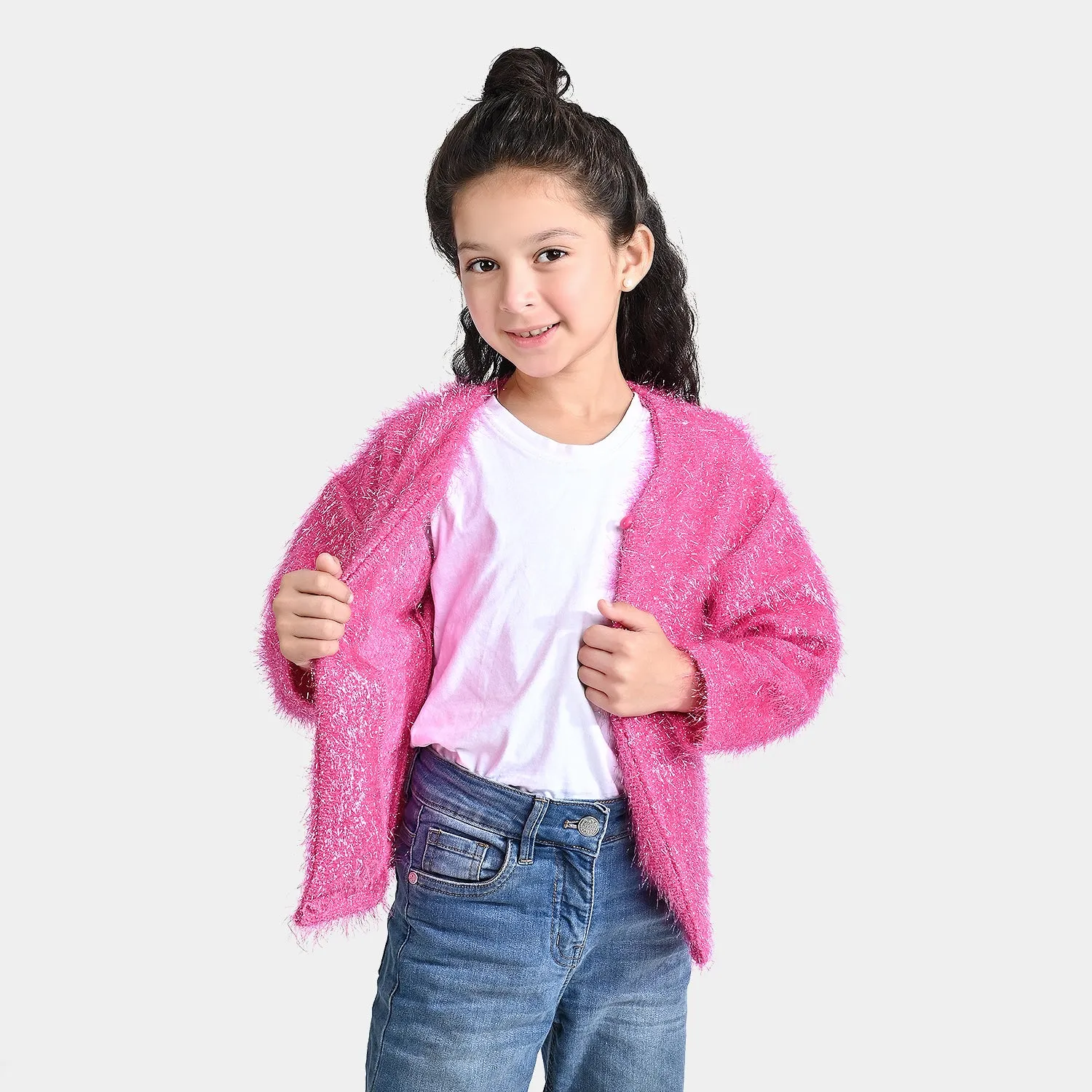 Girls Sherpa Knitted Jacket Party Star-Hot.Pink