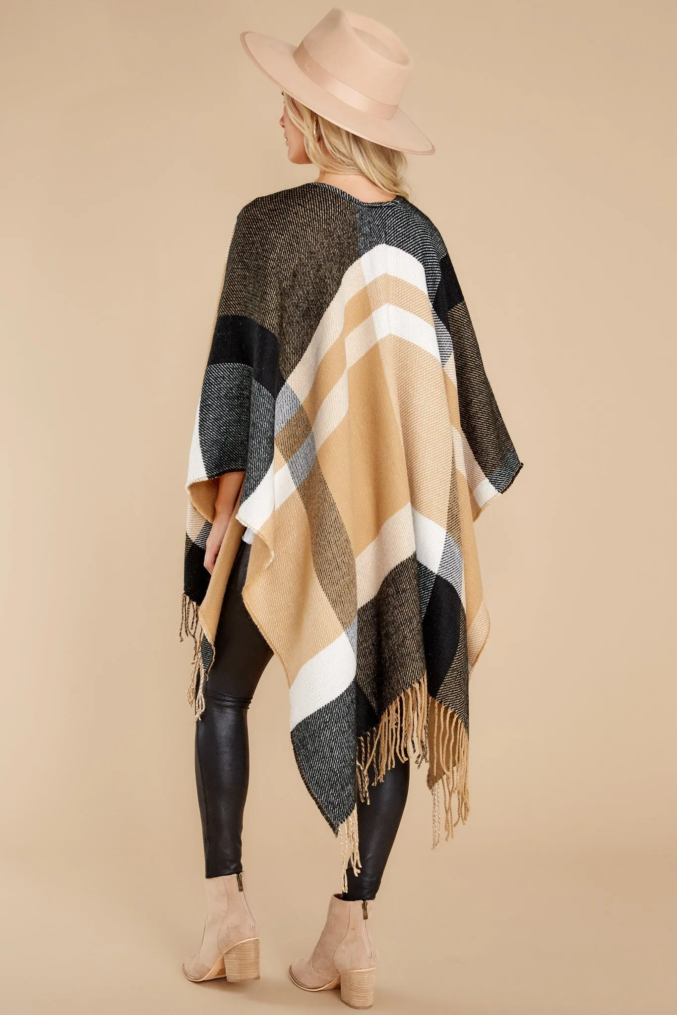 Give Me S'Mores Tan Multi Plaid Poncho Cardigan