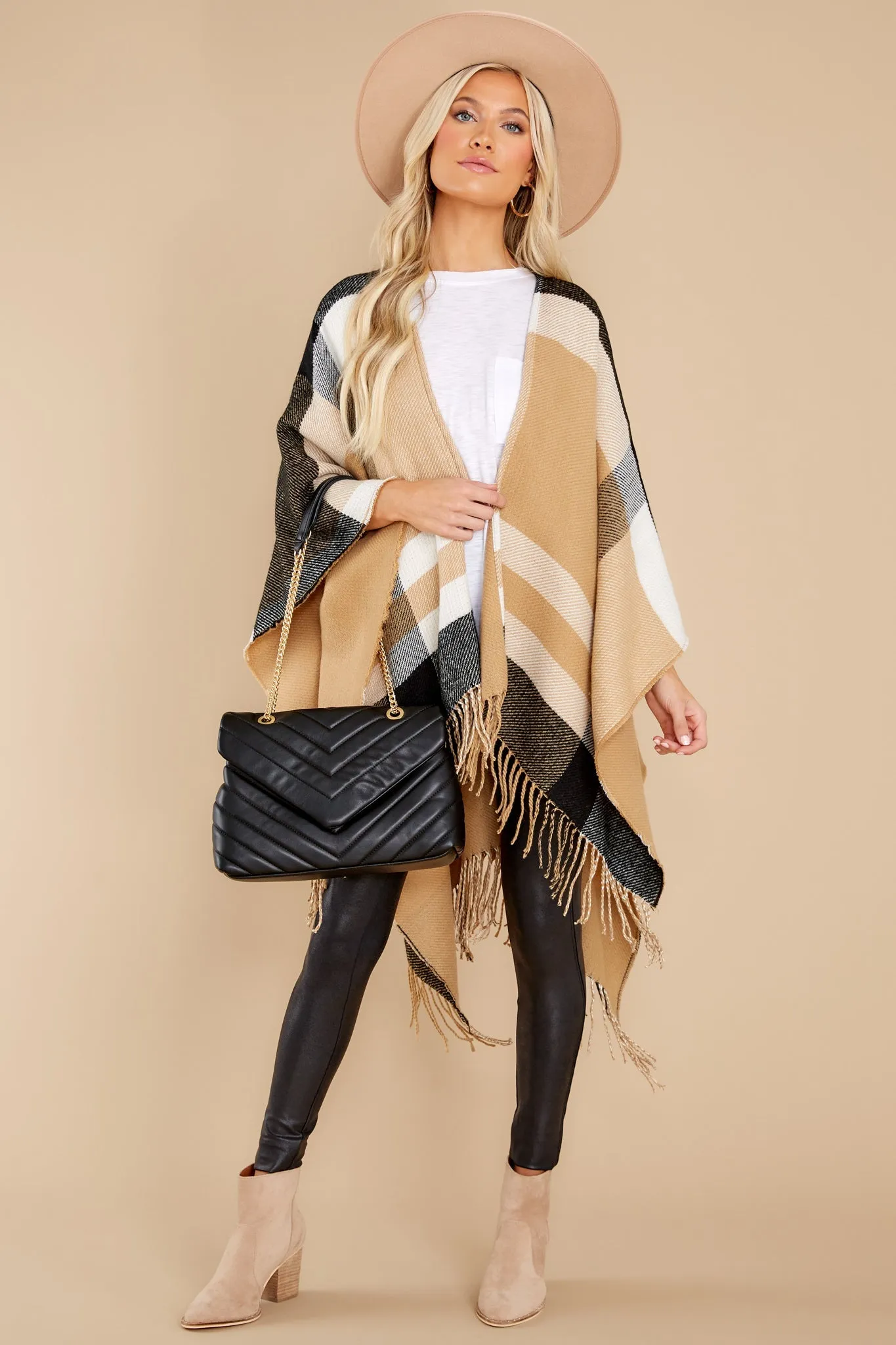 Give Me S'Mores Tan Multi Plaid Poncho Cardigan