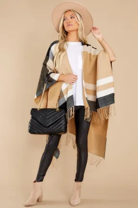 Give Me S'Mores Tan Multi Plaid Poncho Cardigan