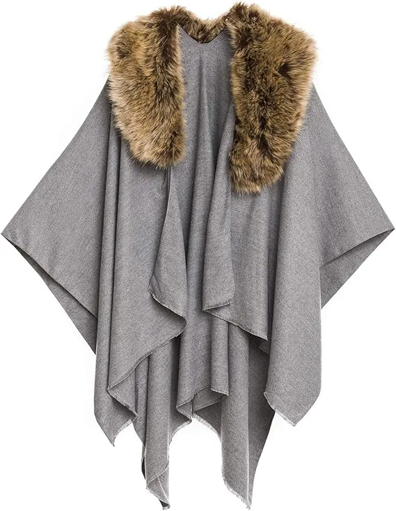 Gray-Brown Luxurious Knit Sweater Poncho Cardigan