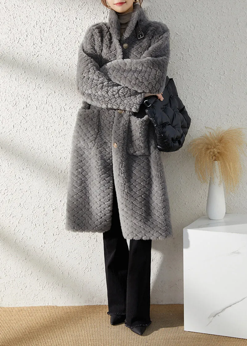 Gray Single Breasted Wool Fleece Long Coat